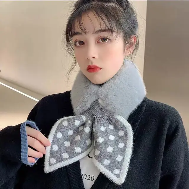 South Korea Plush Polka Dot Bow Tie Scarf Winter Winter Gray Adult - Shop at LoveMi