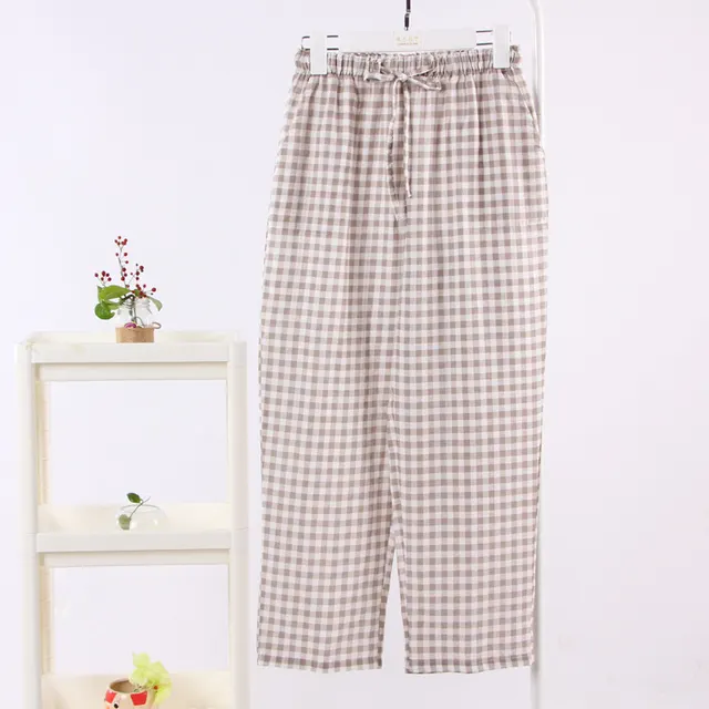 Simple Home Wear Pajama Double layer Gauze Plus Size Confinement Pants Coffee Color Lattice - Shop at LoveMi