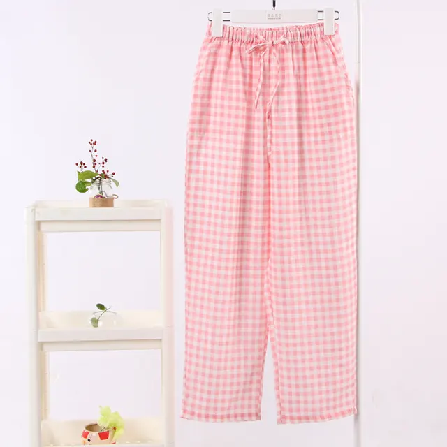 Simple Home Wear Pajama Double layer Gauze Plus Size Confinement Pants Pink Plaid - Shop at LoveMi