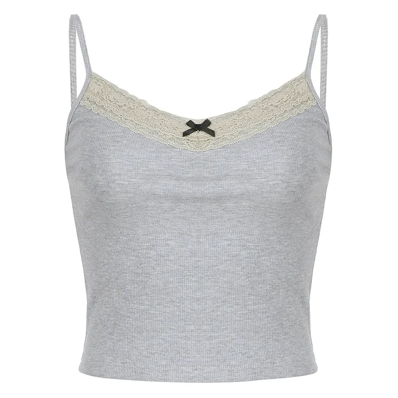 Girl Style Fashionable Knitted Lace Patchwork Round Neck Navel Short Vest Gray - Shop at LoveMi