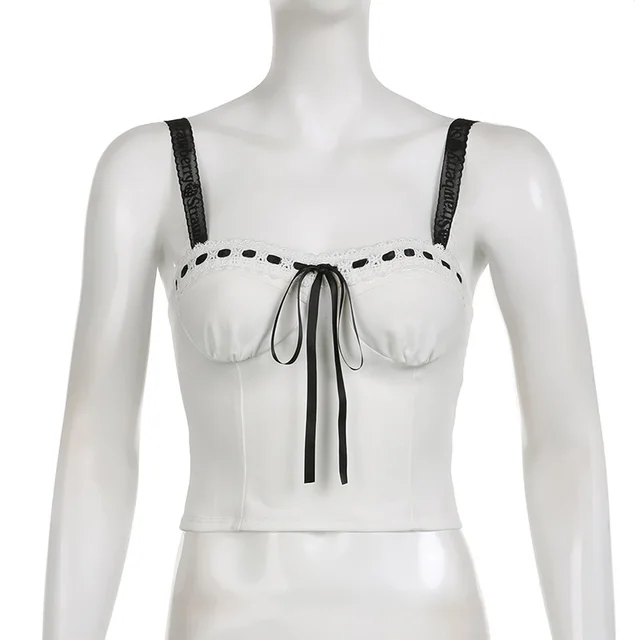 Black And White Contrasting Color Jacquard Strap Chest Split Camisole Short Top White - Shop at LoveMi