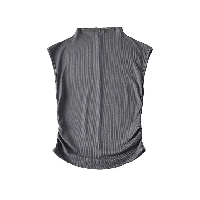 Women's Short Half turtleneck Stretch Slim fit Pleated Vest Dark Gray - Shop at LoveMi