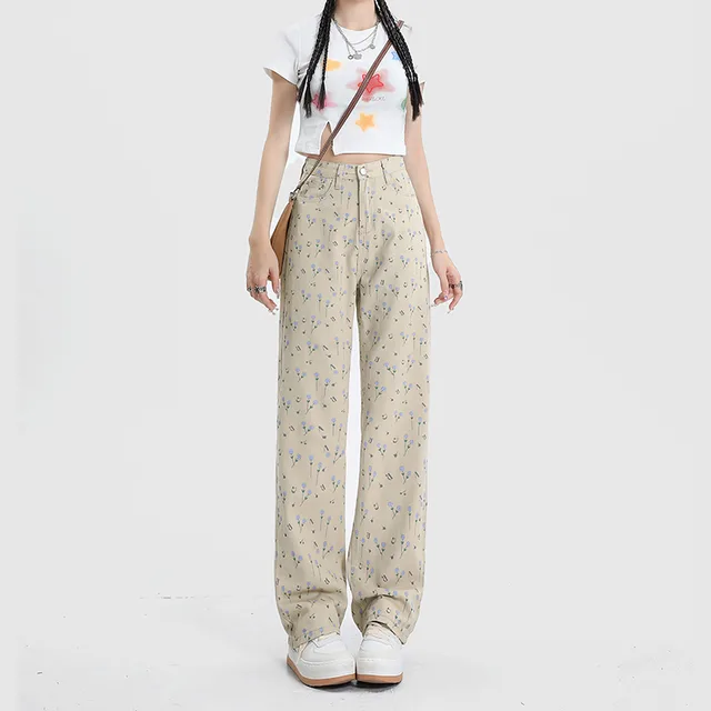 Vintage Floral High Waist Jeans Women's Wide Leg Straight Casual Pants Apricot - Shop at LoveMi