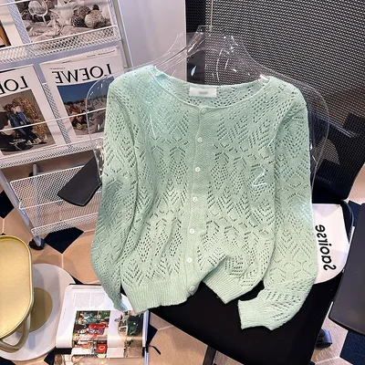 Women's Autumn Crew Neck Hollow out Gentle Sweaters Cardigan Sky Blue - Shop at LoveMi