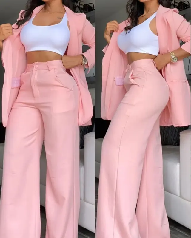 Plain Color Sleeve Lapel Suit Pocket Straight leg Pants Suit Pink - Shop at LoveMi