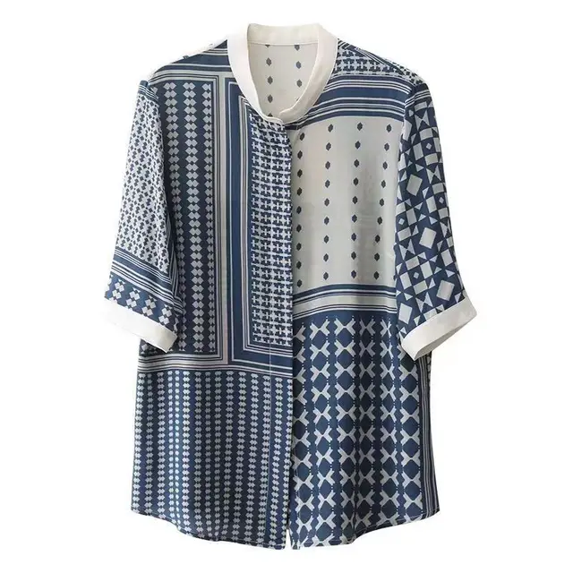 Women's Stand Collar Fashion Printed Shirt Blue - Shop at LoveMi