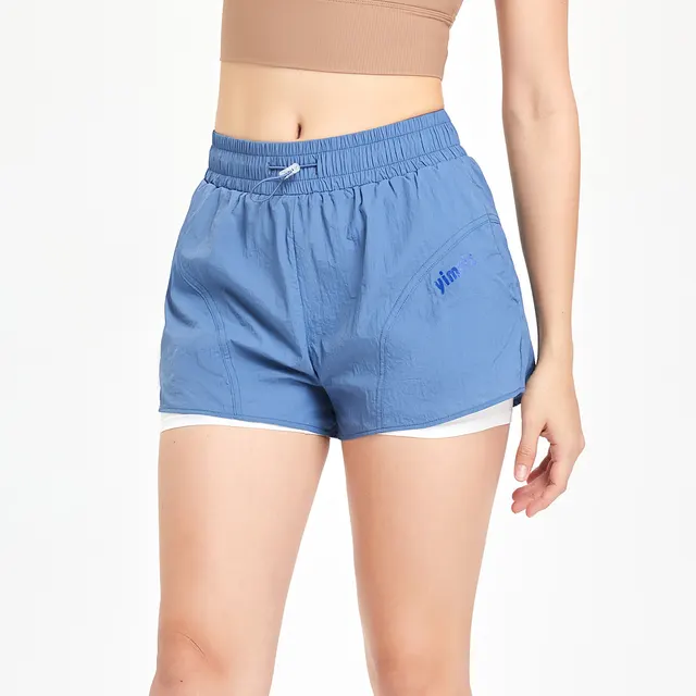 Fake Two piece Sports Shorts High Waist Drawstring Anti exposure Blue - Shop at LoveMi