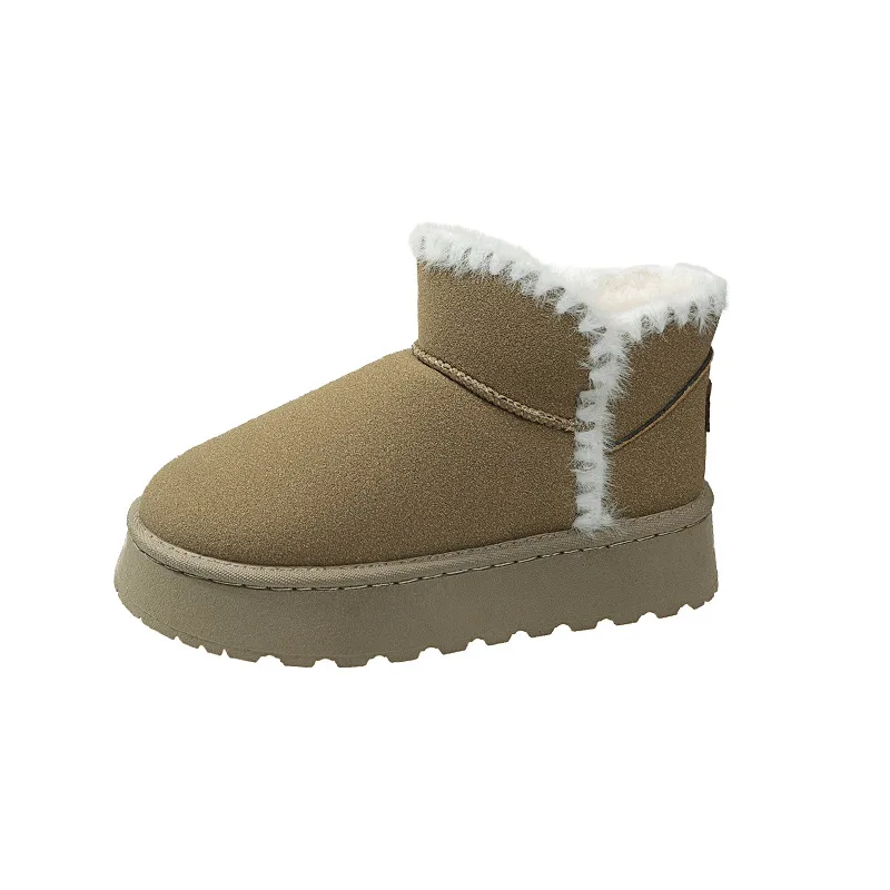 Fleece-lined Short Snow Boots Female Suede Round Toe - Brown