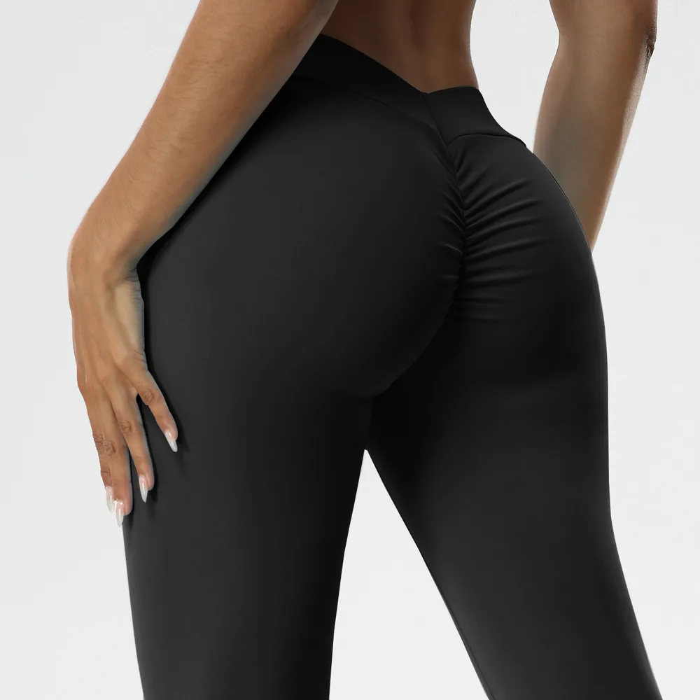 Fitness Yoga Pants V Waist Solid Color Sports Trousers Black - Shop at LoveMi