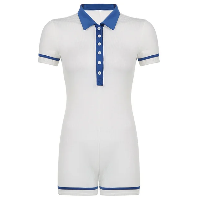 American Contrast Color Binding Tape Casual Jumpsuit Women Blue - Shop at LoveMi