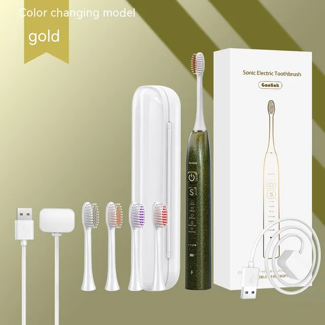 Portable Travel Household Wireless Charging Vibration Ultrasonic Electric Toothbrush Color Changing Luxury Gold - Shop at LoveMi