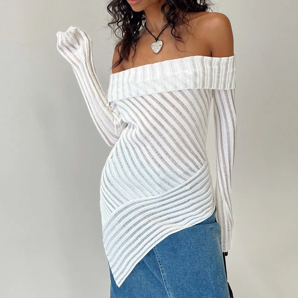 French Style Off-the-shoulder Long Sleeve Design Knitted Woolen Slim Top For Women - White - View 1