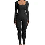 Fall Winter Hot-selling Women's Clothing Long Sleeve Jumpsuit Yoga Sexy One-piece Square Collar Sportwear - Black