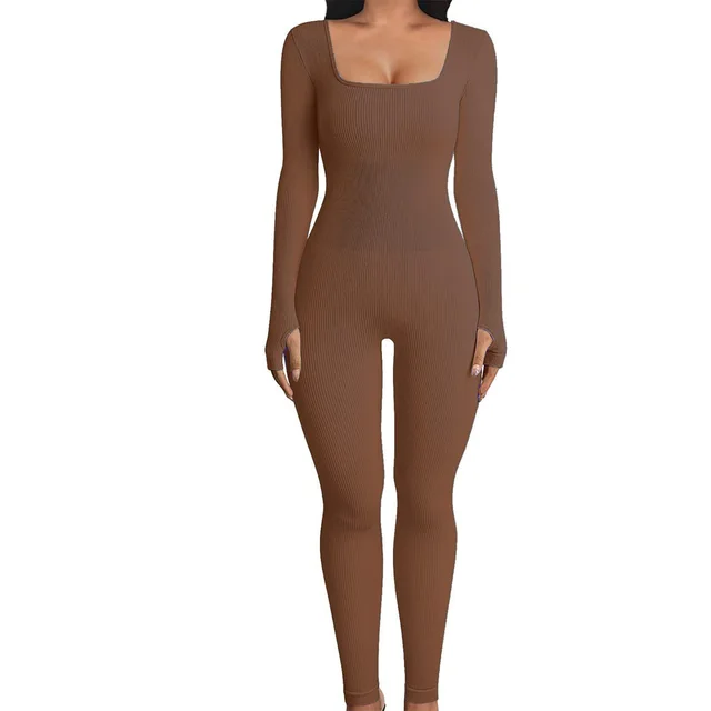 Fall Winter Hot selling Women's Clothing Long Sleeve Jumpsuit Yoga Sexy One piece Square Collar Sportwear Brown - Shop at LoveMi