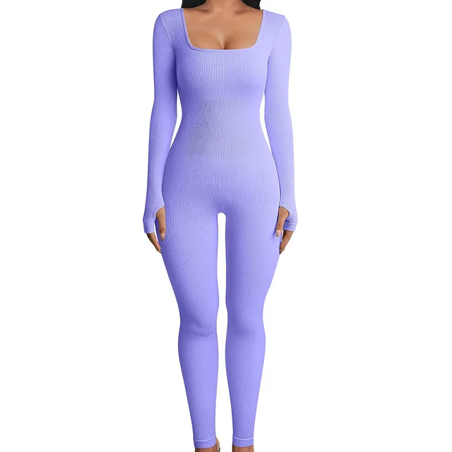 Fall Winter Hot selling Women's Clothing Long Sleeve Jumpsuit Yoga Sexy One piece Square Collar Sportwear Lavender Purple - Shop at LoveMi
