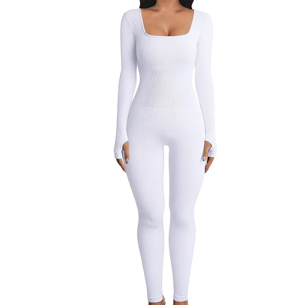 Fall Winter Hot-selling Women's Clothing Long Sleeve Jumpsuit Yoga Sexy One-piece Square Collar Sportwear - White
