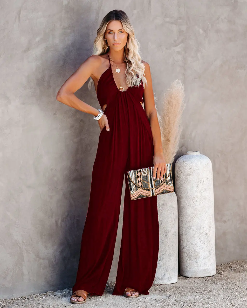 Summer Street Hipster Women's Solid Color U-neck Strap Backless Jumpsuit Wide-leg Casual Pants - Wine Red