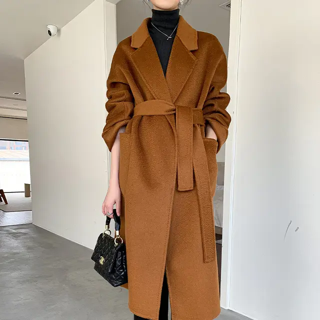 Reversible Cashmere Coat Women's Mid length High end Sense Caramel - Shop at LoveMi