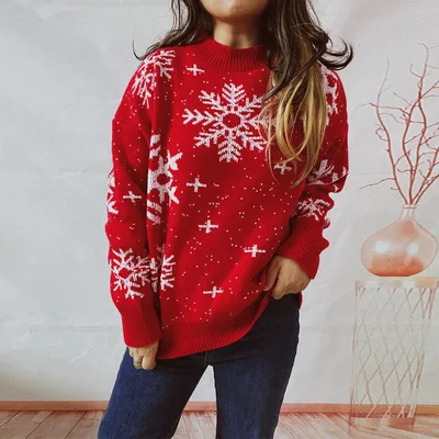 Women's Fashion Christmas Snowflake Round Neck Long Sleeve Knitted Sweater Red - Shop at LoveMi