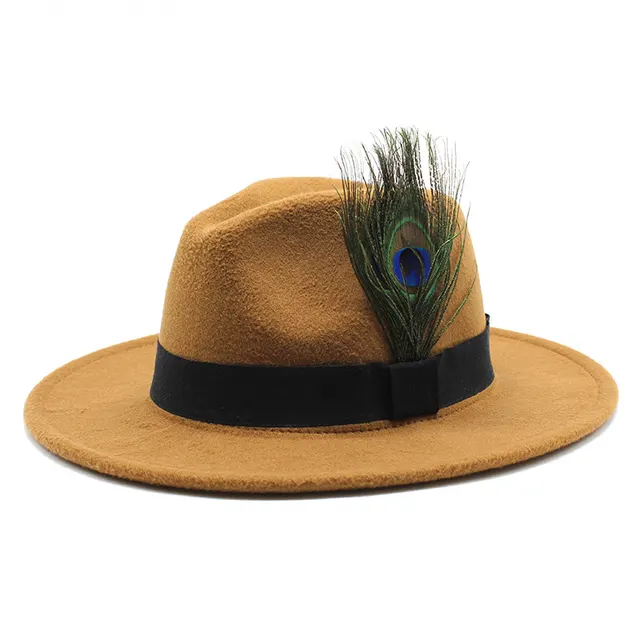 Women's Woolen Big Brim Peacock Feather Casual Sun Hat Light Coffee - Shop at LoveMi