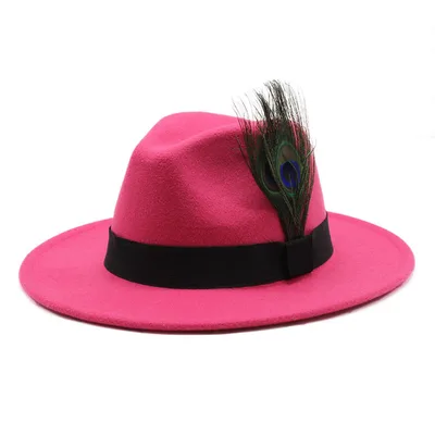 Women's Woolen Big Brim Peacock Feather Casual Sun Hat Rose Red - Shop at LoveMi