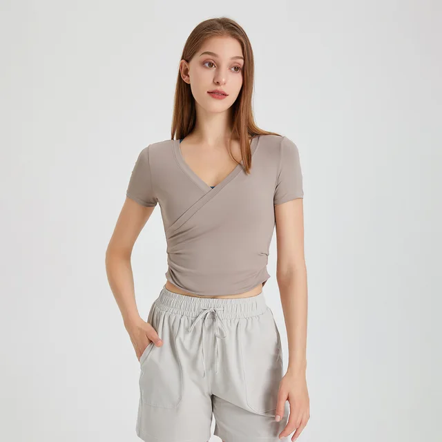 Fitness V neck Yoga Jacket Women's Short Sleeve Milk Tea - Shop at LoveMi