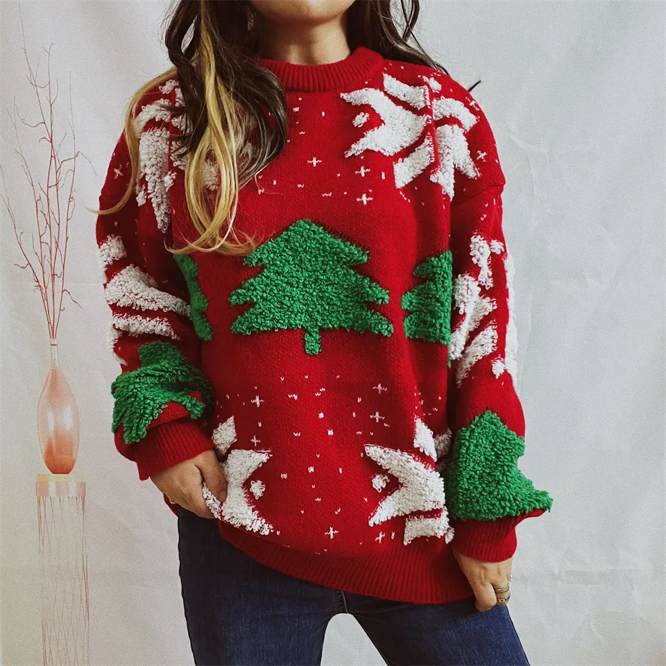 Women's Ugly Christmas Sweater, Tree Jacquard, Red - Shop at LoveMi