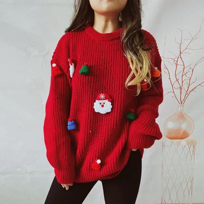Women's Cute Fashion Santa Claus Three dimensional Decoration Round Neck Long Sleeve Sweater Red - Shop at LoveMi