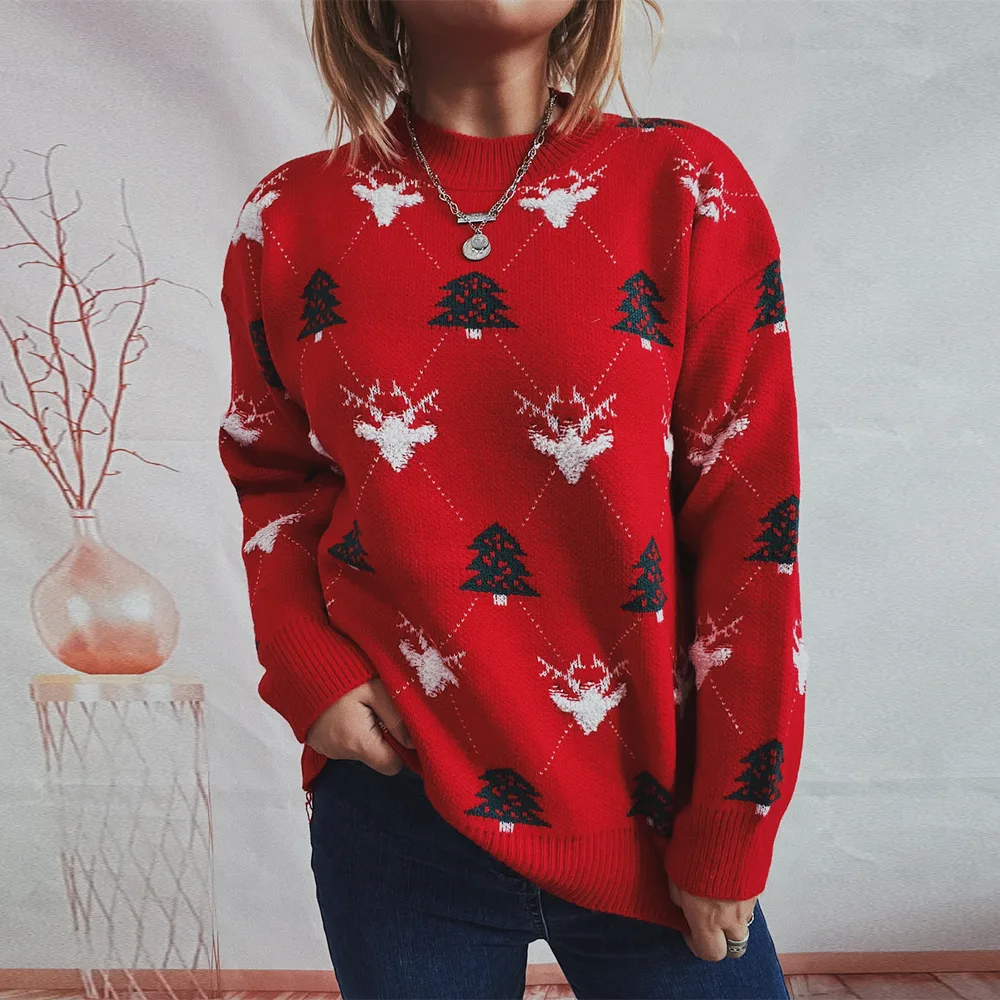 Women's Fashionable Round Neck Long Sleeve Loose Elk Jacquard Christmas Sweater Red - Shop at LoveMi