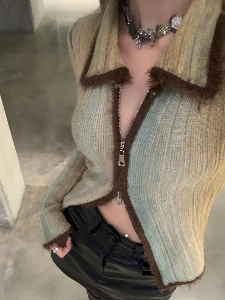 Gradient Color Knitted Cardigan Women's Double Zipper Sweater Morandi Color - Shop at LoveMi
