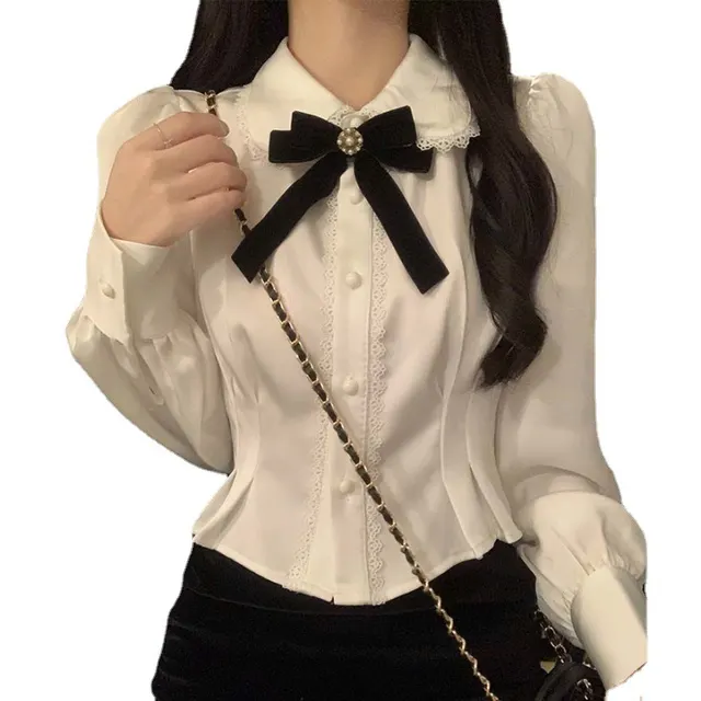 Female College Style Peter Pan Collar White Shirt White Shirt Bow Tie - Shop at LoveMi