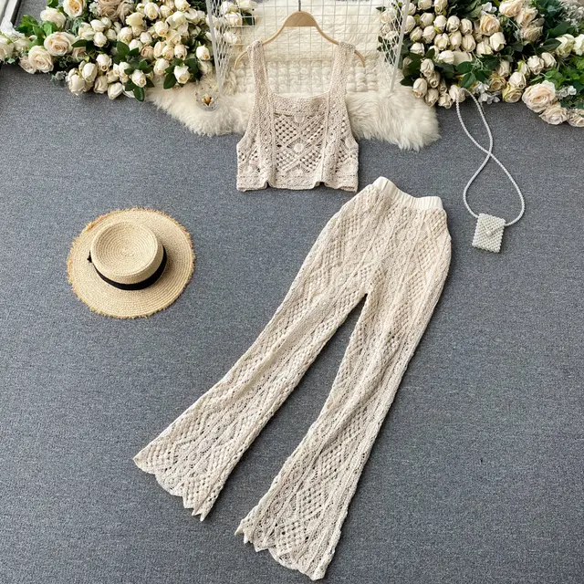 Square Collar Vest Short Top High Waist Sheath Hollow Design Sense Bell bottom Pants Two piece Set Apricot - Shop at LoveMi