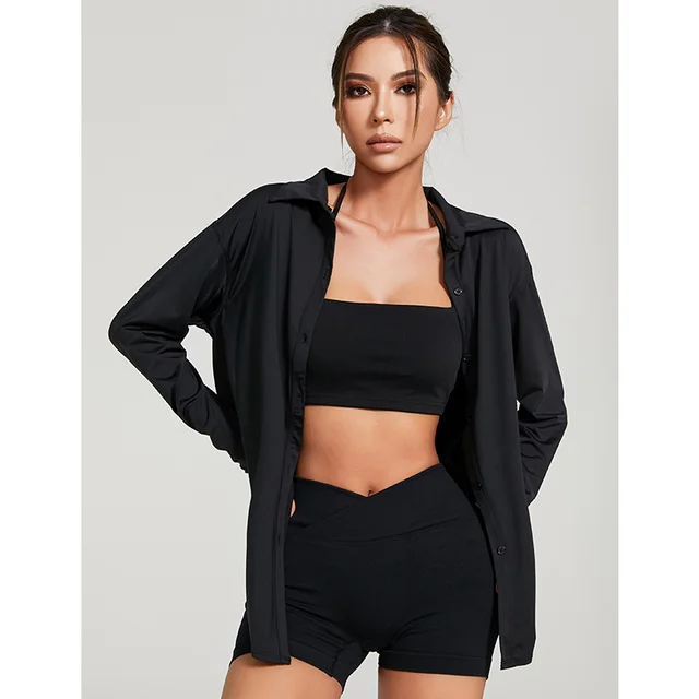 Sport Shirt Coat Lapel Buttons For Women Black - Shop at LoveMi