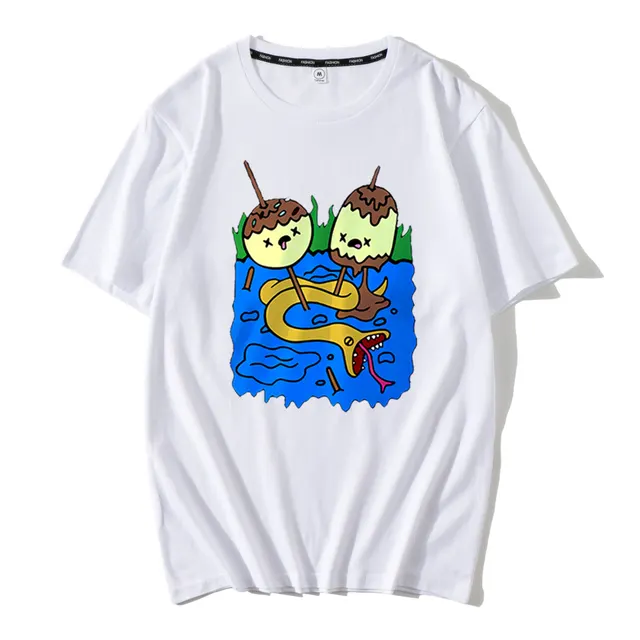 Round Neck Loose Cartoon Pattern Printed T shirt Summer Short sleeved Top White - Shop at LoveMi