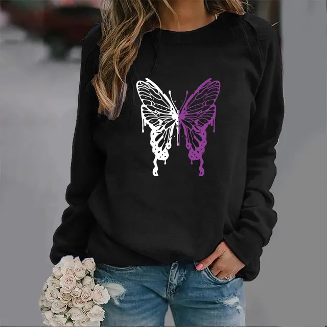 Fashion Colorized Butterfly Round Neck Sweater Printed Sports Top Black - Shop at LoveMi