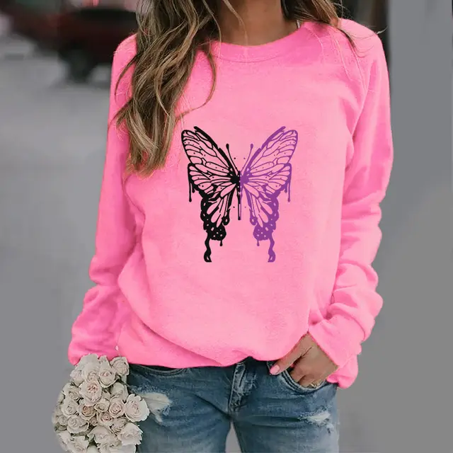 Fashion Colorized Butterfly Round Neck Sweater Printed Sports Top Pink - Shop at LoveMi