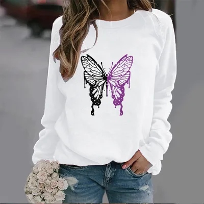 Fashion Colorized Butterfly Round Neck Sweater Printed Sports Top White - Shop at LoveMi