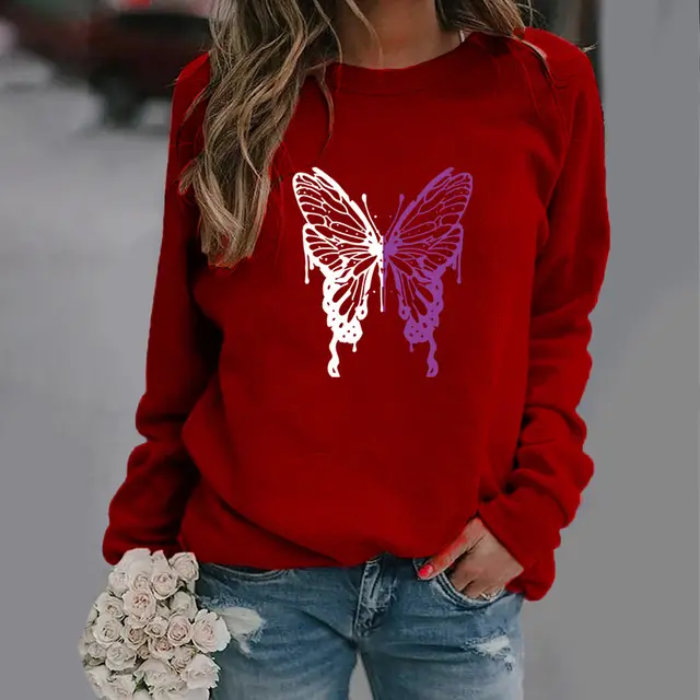 Fashion Colorized Butterfly Round Neck Sweater Printed Sports Top Wine Red - Shop at LoveMi