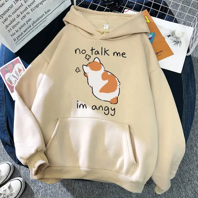 No Talk Me Cute Angry Cat Print Women Hoodie Beige - Shop at LoveMi