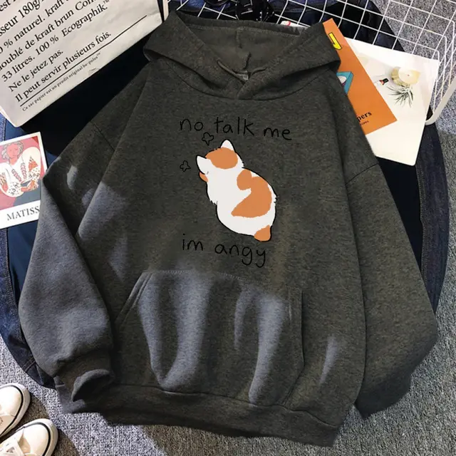 No Talk Me Cute Angry Cat Print Women Hoodie Darkgray - Shop at LoveMi