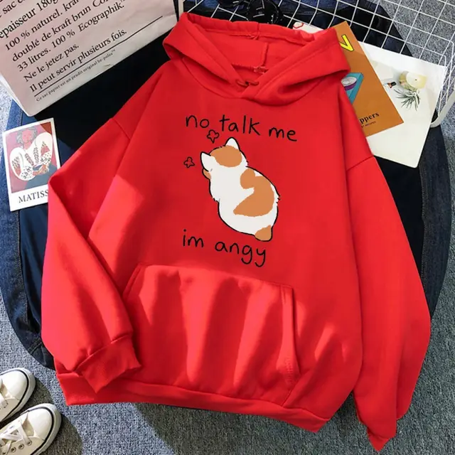 No Talk Me Cute Angry Cat Print Women Hoodie Red - Shop at LoveMi