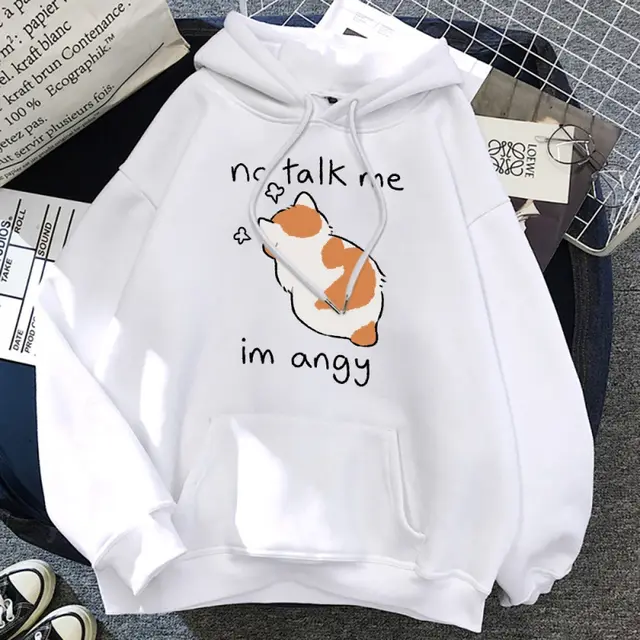 No Talk Me Cute Angry Cat Print Women Hoodie White - Shop at LoveMi