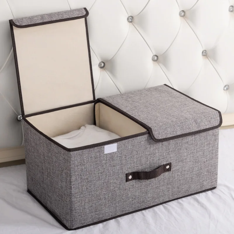 Cotton And Linen Fabric Double Lid Storage Box Foldable - Gray