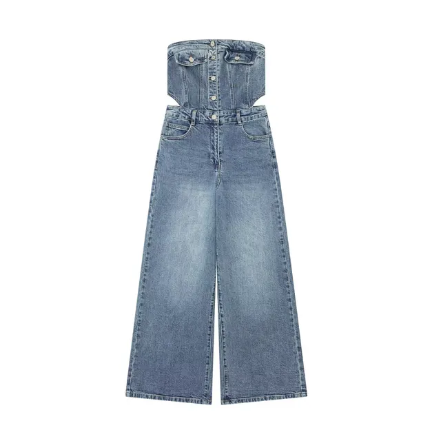 Women's Fashion Tube Top Denim Jumpsuit Blue - Shop at LoveMi