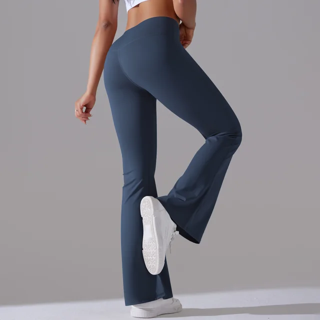 Women's Fashion High Waist Non embarrassing Line Nylon Brushed Hip Lifting Bell bottom Pants Navy Blue - Shop at LoveMi