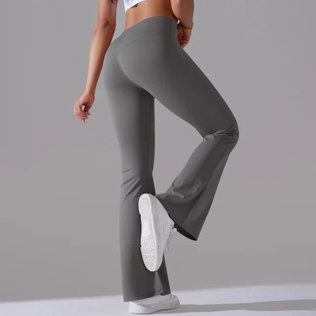 Women's Fashion High Waist Non embarrassing Line Nylon Brushed Hip Lifting Bell bottom Pants Titanium Gray - Shop at LoveMi