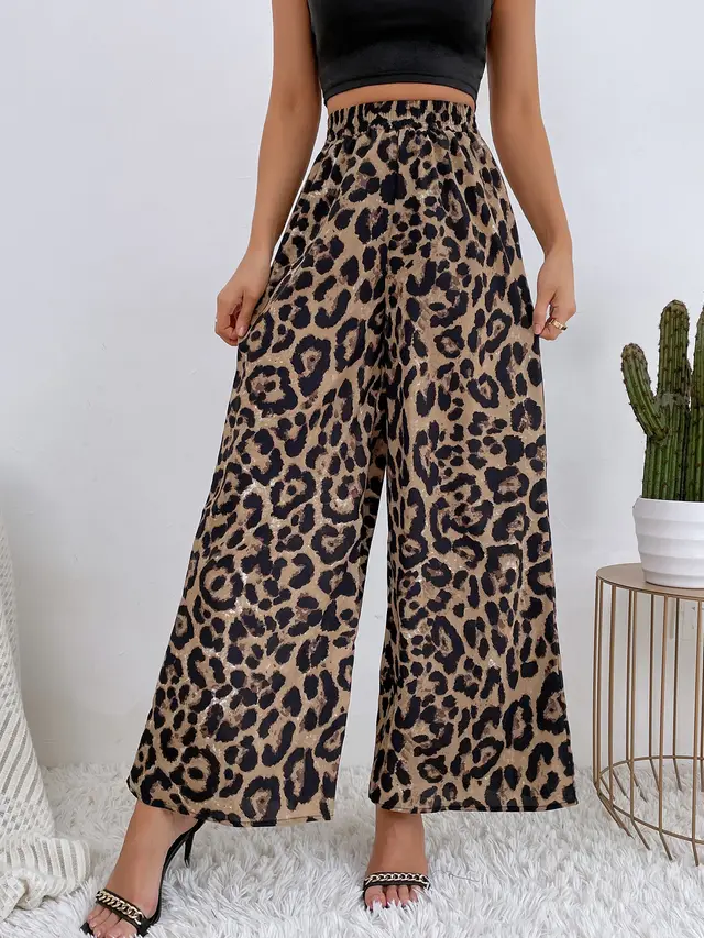 Women's Leopard Print Casual Elastic Waist Loose fitting Wide leg Trousers Leopard Print - Shop at LoveMi