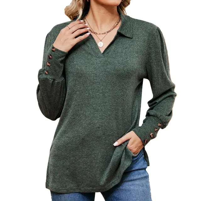 Button Loose fitting Sanding T shirt Top For Women Dark Green - Shop at LoveMi