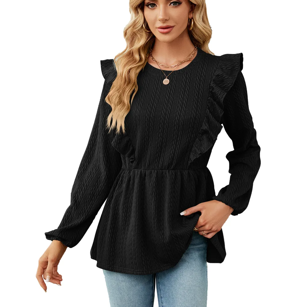 Women's Patchwork Round Neck Long sleeved T shirt Top Black - Shop at LoveMi