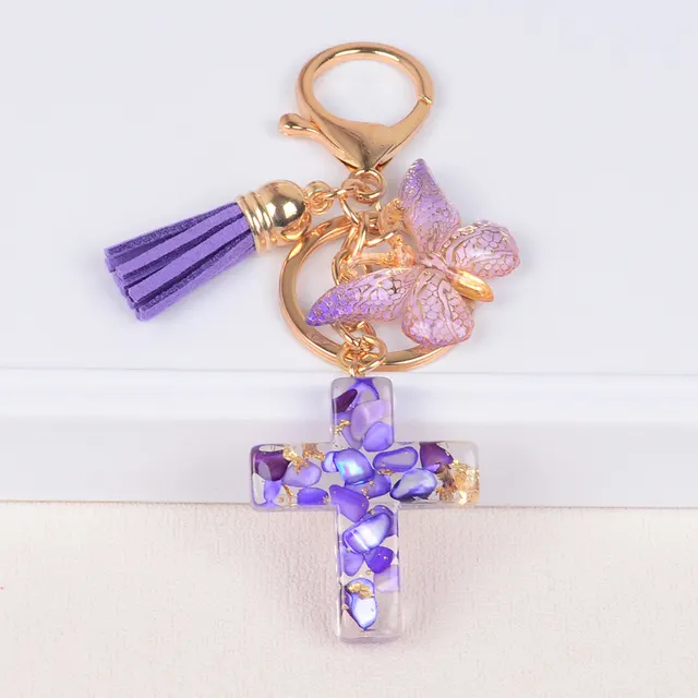 Tassel Butterfly Stone Cross Keychain Purple - Shop at LoveMi